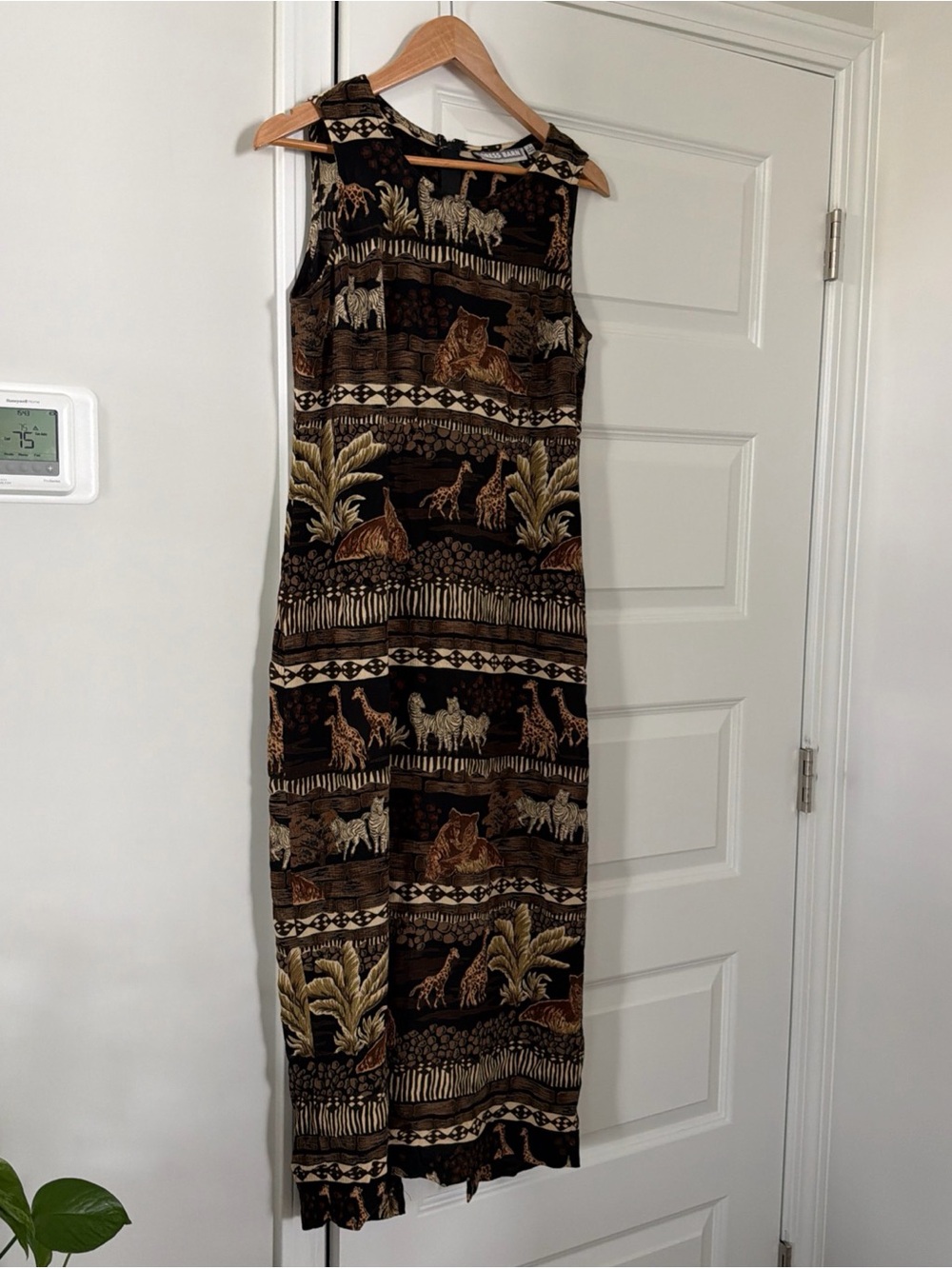 Dress Barn Sleeveless Maxi Dress in Black and Brown Animal Scene Print